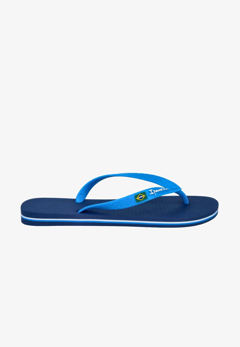 Infradito blu con plantare testurizzato e cinturini blu. Presenta un logo della bandiera brasiliana e righe bianche lungo la suola.