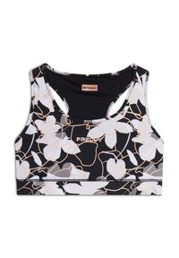 Sportbehå med ett svart och vitt blommönster med beige detaljer. Tillverkad av stretchigt material med rundad halsringning och design med utskärning på baksidan.