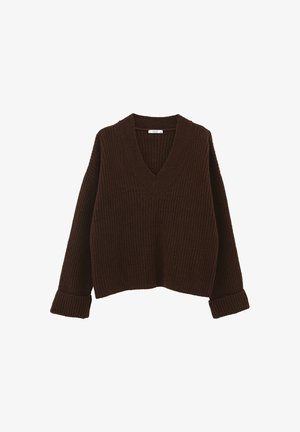 Brown ribbed knit sweater with a V-neck, dropped shoulders, and rolled cuffs. The design is loose-fitting with a cropped silhouette.