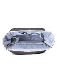Gray bag with a light gray interior, featuring multiple compartments and a zippered pocket, designed for organization and storage.