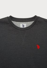 Mörkgrå sweatshirt med rund hals, som har ett röd emblem på bröstet och en grå innerfoder. Inkluderar en sömdetalj vid halsringningen.