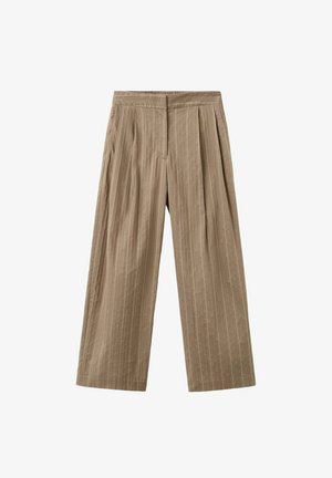 Pantalones beige de pierna ancha con rayas verticales finas, pliegues delanteros y una cinturilla con cierre delantero oculto.