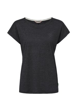 Dunkelgraues T-Shirt mit kurzen Ärmeln, Rundhalsausschnitt und kleiner hellgrauer Herzstickerei auf der linken Brust.