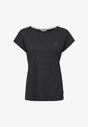 Dunkelgraues T-Shirt mit kurzen Ärmeln, Rundhalsausschnitt und kleiner hellgrauer Herzstickerei auf der linken Brust.