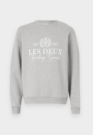 Light gray sweatshirt with a crew neck, featuring white printed text "LES DEUX Sporting Goods" and a logo. Ribbed cuffs and hem.