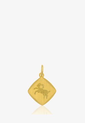 Ciondolo in oro a forma di diamante con simbolo inciso di un ariete che salta al centro e un anello per attaccarlo a una catena.