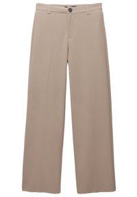 Beige levelevä lahkeiden housut, valmistettu sileästä kankaasta. Varustettu etukipzari ja nappisulkimella sekä kahdella etutaskulla ja hihnatyylillä.