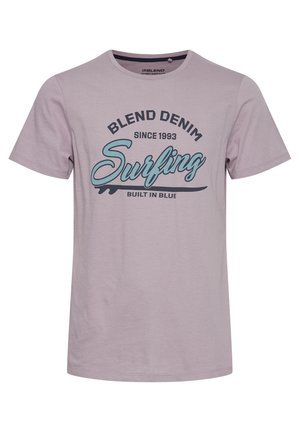 Light purple cotton t-shirt with a round neckline, short sleeves, and a graphic print featuring "SURFING" in blue and black at the center.