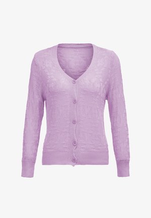 Lila kötött kardigán V nyakkal, hosszú ujjal és hat azonos gombbal. A texturált anyag finom geometriai mintával rendelkezik.