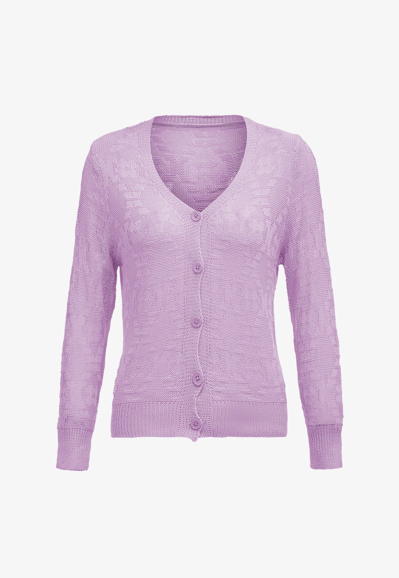 Lila kötött kardigán V nyakkal, hosszú ujjal és hat azonos gombbal. A texturált anyag finom geometriai mintával rendelkezik.