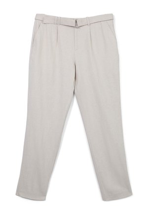 Beige tailored pants with a smooth texture, featuring a belt, pleated front, and side pockets. Straight-leg cut, minimal design details.