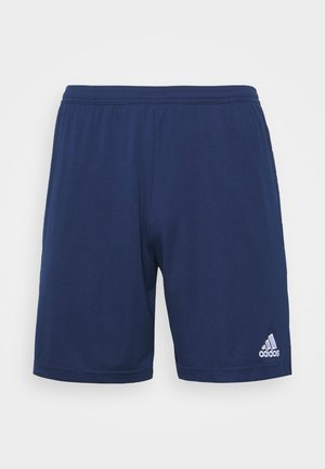Navy athletic shorts made of lightweight fabric, featuring an elastic waistband and small white Adidas logo on the lower left side.