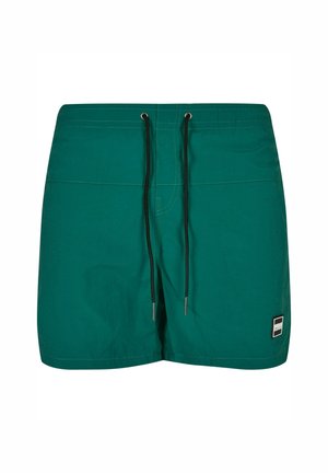 Pantaloncini da nuoto da uomo teal con cordino nero, cintura elastica, cuciture bianche e piccolo logo rettangolare sulla gamba sinistra.