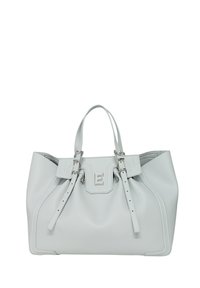 Borsa tote in pelle grigia con doppio manico superiore, logo "E" in rilievo e design strutturato. Presenta hardware e dettagli di cucitura in argento.