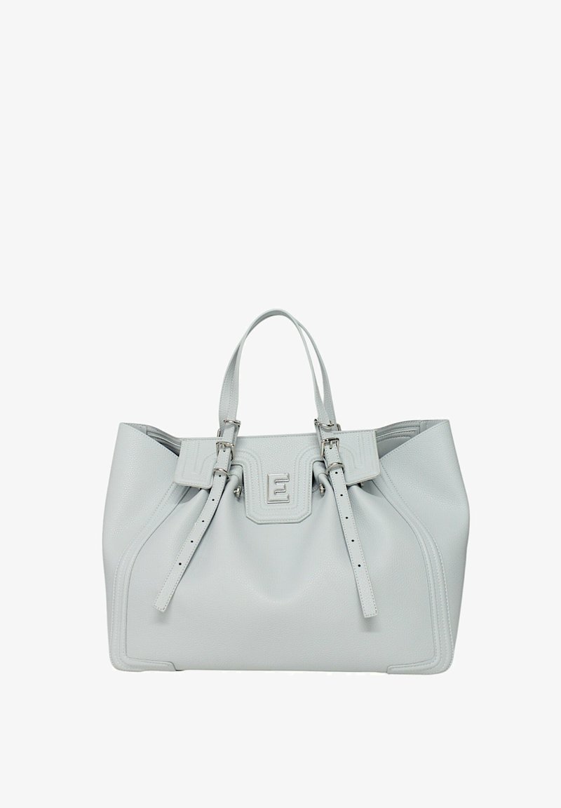 Borsa tote in pelle grigia con doppio manico superiore, logo "E" in rilievo e design strutturato. Presenta hardware e dettagli di cucitura in argento.