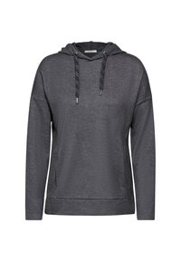 Donkergrijze hoodie met een ontspannen pasvorm, trekkoordsluiting en kangoeroezak. Gemaakt van zachte, gestructureerde stof.