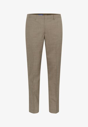 Beige maßgeschneiderte Hosen mit einem dezenten Karomuster, geradem Bein, Fronttaschen und einer glatten Stofftextur.