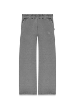 Grau zweifarbige Hose mit elastischem Bund, Seitentaschen und einem kleinen Logodetail auf der Vorderseite. Glattes, leichtes Material.