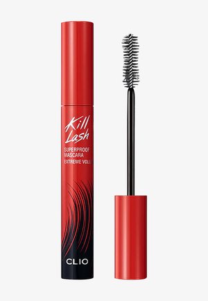 Tube de mascara rouge et noir étiqueté Kill Lash Superproof Mascara Extreme Volume avec la baguette comprenant un applicateur brosse à côté.