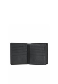 Portefeuille en cuir noir ouvert avec plusieurs emplacements pour cartes des deux côtés et un porte-carte d'identité transparent sur le côté droit.