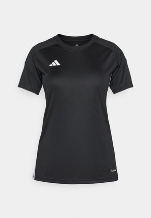 T-shirt athlétique noir à manches courtes, fabriqué en tissu lisse. Présente le logo Adidas blanc sur la poitrine et un accent subtil sur l'ourlet.