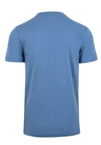 Kurzarmliges blaues Baumwoll-T-Shirt mit Rundhalsausschnitt, glatter Textur und gerader Schnittkante. Die Rückansicht zeigt keine Grafiken oder Verzierungen.