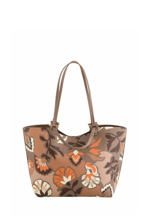 Sac fourre-tout avec un motif floral marron, orange et crème, et deux longues poignées marron.