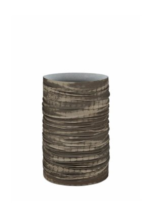 Scaldacollo tubolare marrone e grigio a motivo senza cuciture con logo Buff discreto sul lato, progettato per uso esterno e copertura del viso.