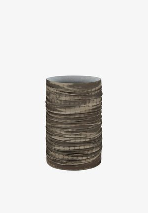 Scaldacollo tubolare marrone e grigio a motivo senza cuciture con logo Buff discreto sul lato, progettato per uso esterno e copertura del viso.