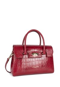Borsa in pelle rossa a motivo coccodrillo con forma strutturata, doppio manico, tracolla rimovibile e dettaglio della chiusura in tono oro.