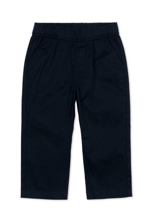 Pantaloni neri con vita elastica, tasche laterali, gambe dritte e senza chiusure visibili, mostrati su sfondo bianco.