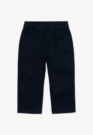 Pantalon noir à taille élastique avec poches latérales, jambes droites et sans fermetures visibles, présenté sur fond blanc.