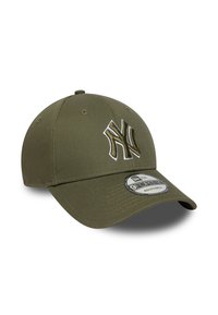 Olívazöld baseball sapka, pamut anyagból készült, ívelt peremmel, állítható pánttal, fehér és sötétzöld részletekkel hímzett NY logóval.