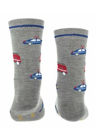 Graue Baumwollsocken mit blauen Akzenten, die farbenfrohe Druckdesigns von Einsatzfahrzeugen wie Polizeiautos und Feuerwehrautos zeigen.