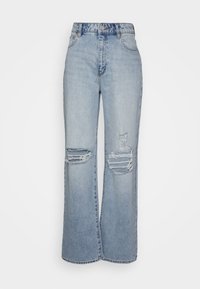 As calças de ganga rasgadas em azul claro possuem uma cintura alta, um design de perna larga, áreas desfiadas nos joelhos e um estilo clássico de cinco bolsos.