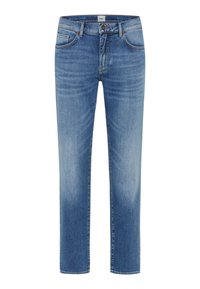 Jeans in denim blu chiaro con taglio dritto, dotati di cinque tasche, passanti per cintura e chiusura con zip. Il tessuto ha una finitura sbiadita.