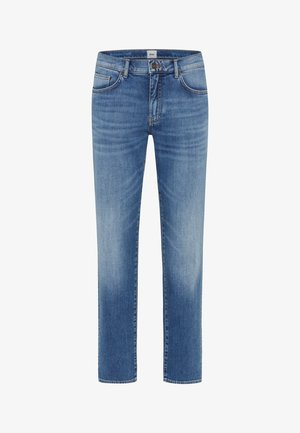 Hellblaues Denim-Jeans mit geradem Schnitt, ausgestattet mit fünf Taschen, Gürtelschlaufen und einem Reißverschluss. Der Stoff hat eine ausgewaschene Optik.