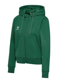 Sudadera verde de tela suave, con cremallera en la parte delantera, dos bolsillos, capucha ajustable con cuerda y un pequeño logo en el pecho.