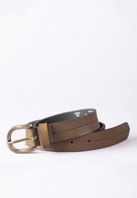 Brown leather belt with a brass buckle, featuring a smooth texture and neatly stitched edges. Flexible length with multiple holes for sizing.