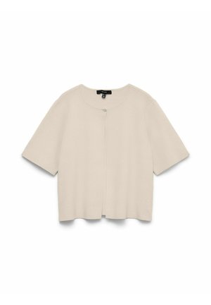 Cardigan beige à manches courtes avec encolure ronde et fermeture par un seul bouton en haut, présenté à plat sur un fond blanc.