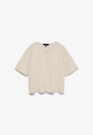 Beež lühikeste varrukatega kardigan ümmarguse kaelusega ja ühe nööbi kinnitusega ülaservas, paigutatud valgele taustale.