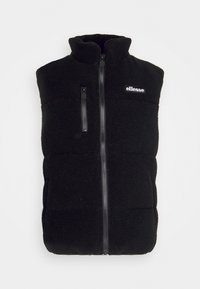 Gilet in pile senza maniche di colore nero, con colletto alto, zip frontale, tasca con zip sul petto e logo "ellesse" bianco sul lato sinistro del petto.