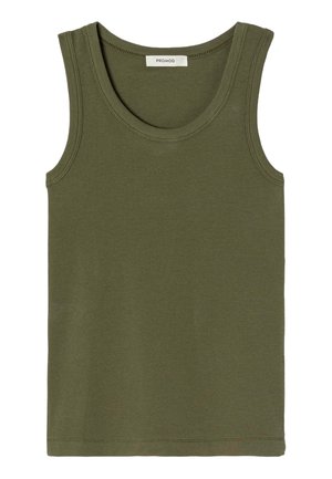 Débardeur côtelé vert olive avec un col rond et des bretelles larges, doté d'une texture lisse et d'un ourlet droit.