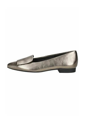Ballerines en bronze métallisé avec un bout pointu, texture en cuir lisse et un rabat décoratif sur l'empeigne. Petit talon noir.