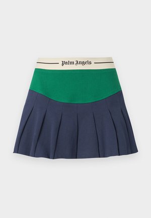Πλισέ φούστα με σκούρο μπλε κάτω μέρος, πράσινη μεσαία ζώνη και μπεζ ζώνη μέσης με το κείμενο "Palm Angels" και μαύρες ρίγες.