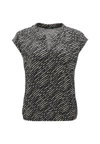 Short-sleeved black and beige blouse with a wrap design, featuring a textured diagonal pattern and a V-neckline. Lightweight, breathable fabric.