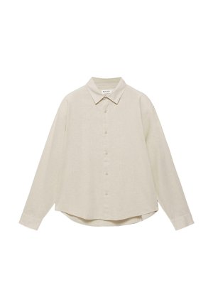Hosszú ujjú bézs gombos ing, klasszikus gallérral és egyenes szegéllyel, fehér háttéren laposan elhelyezve.