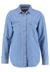 Chemise en denim bleu clair à manches longues avec fermeture boutonnée sur le devant et deux poches poitrine à boutons.