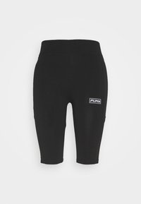 Black athletic shorts made from stretchy fabric, featuring a fitted design and a small white Puma logo on the lower side.