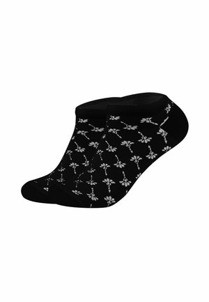 Schwarze Knöchelsocken mit weißen Blumenmustern, die eine weiche Textur und einen elastischen Bund für einen optimalen Sitz bieten.